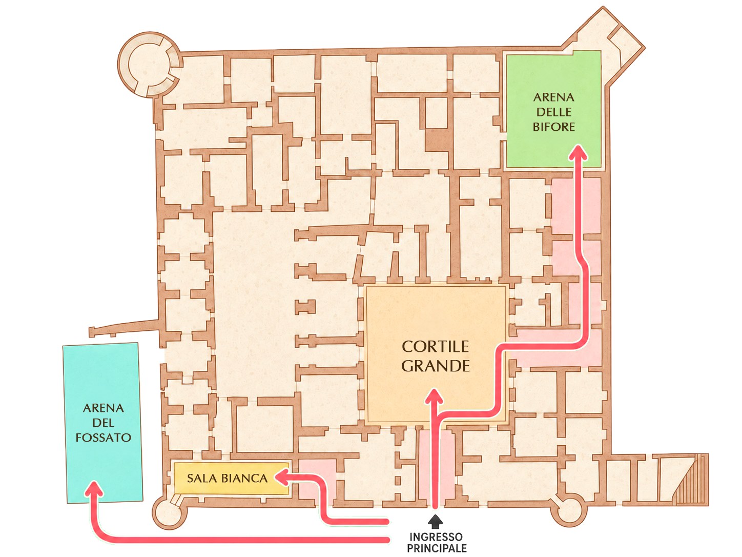 Mappa del Castello di Donnafugata: dall’ingresso principale i percorsi verso Cortile Grande, Sala Bianca, Arena del Fossato e Arena delle Bifore